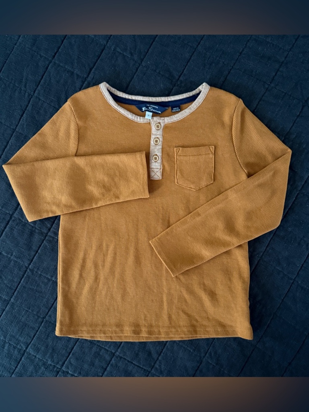 Ben Sherman Mustard Yellow Waffle Knit Henley Thermal Long Sleeve Shirt Kids 7